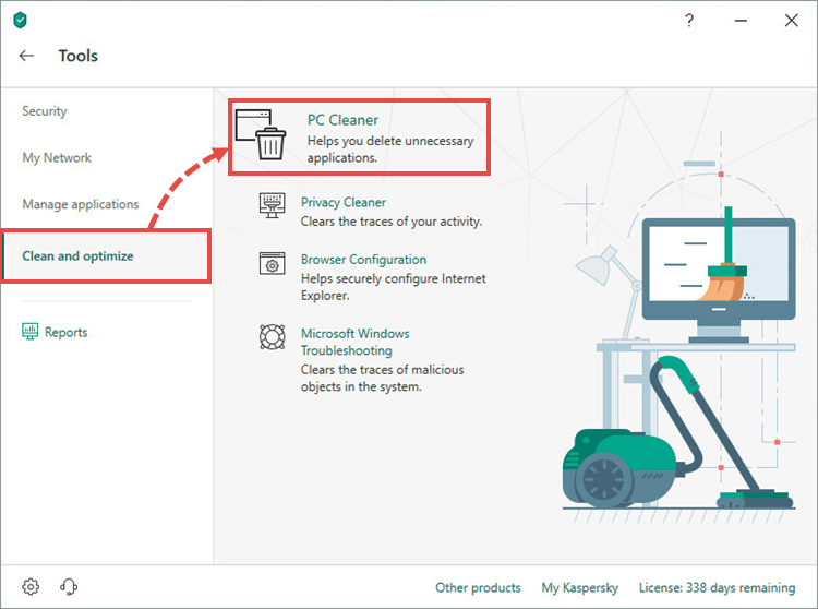 Opening the Software cleaner tool in Kaspersky Internet Security 19