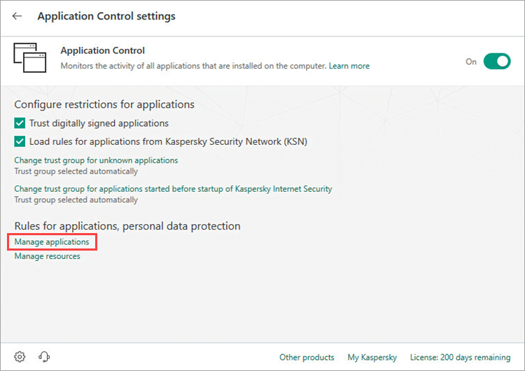 Opening the settings for groups of trusted applications