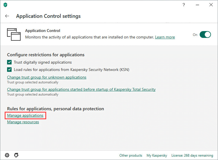 Opening the Manage applications window in Kaspersky Total Security 20