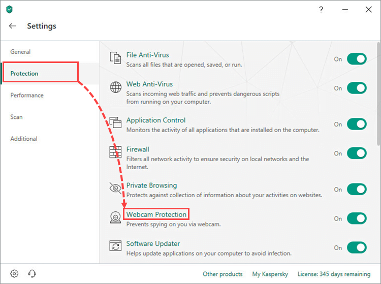 Opening the Webcam Protection section in Kaspersky Internet Security 19