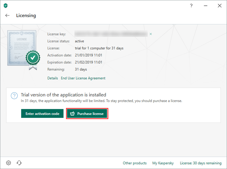 Purchasing the license for Kaspersky Internet Security 19