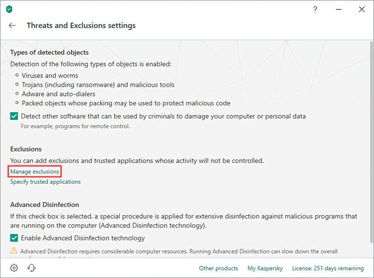 Opening the Exclusions settings window of Kaspersky Security Cloud 19