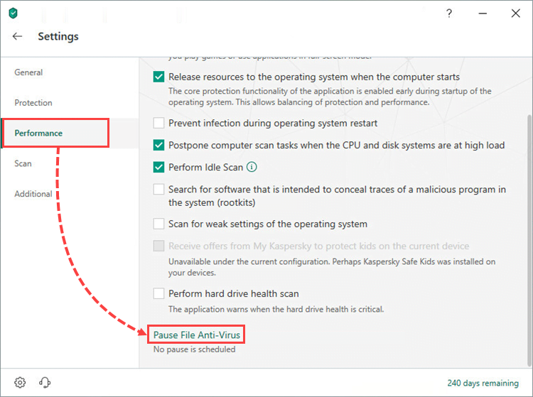 Opening the File Anti-Virus settings window of Kaspersky Security Cloud 19