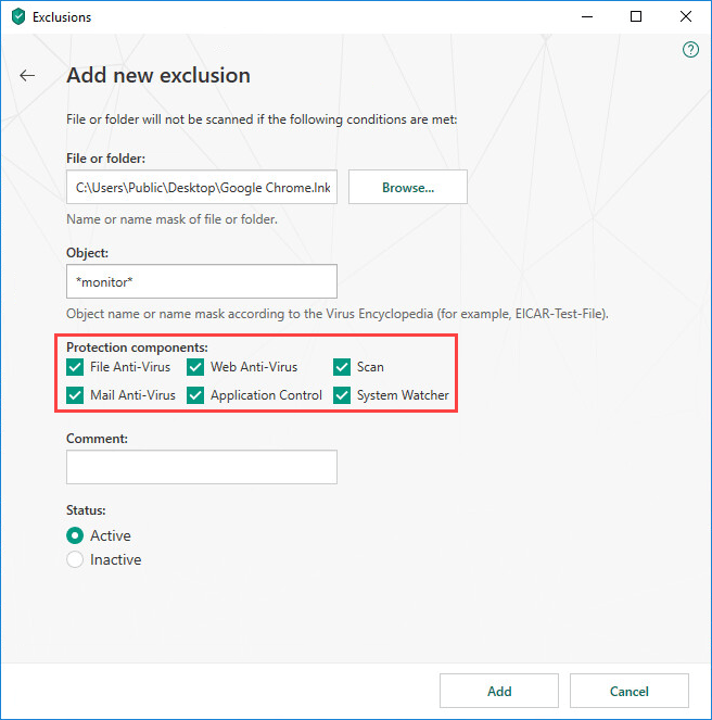 Selecting protection components while configuring an exclusion rule in Kaspersky Security Cloud 19