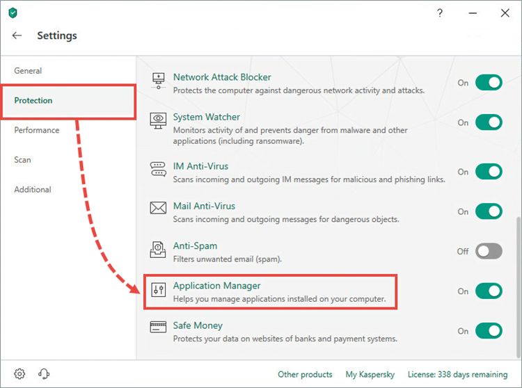 Opening the Application manager window in Kaspersky Internet Security 19