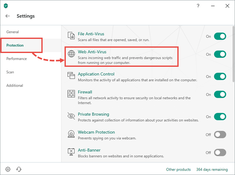 Opening the Web Anti-Virus settings window of Kaspersky Security Cloud 19