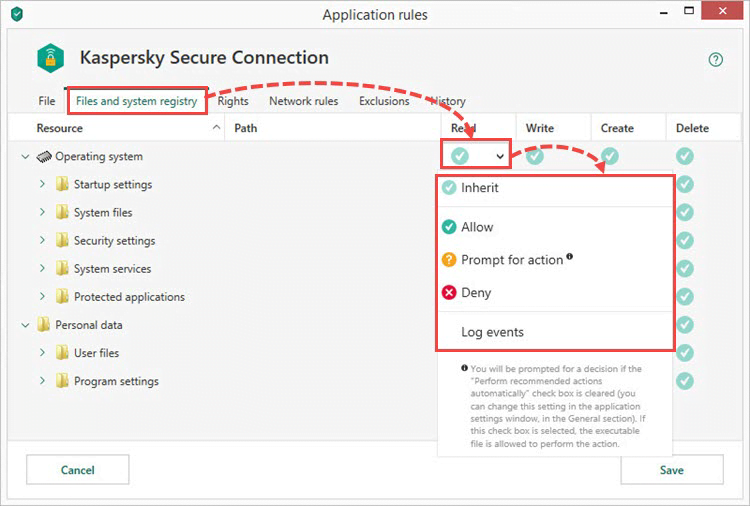 Configuring rules for files and the system registry in Kaspersky Internet Security 19