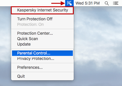 Screenshot: open Kaspersky Internet Security 16 for Mac from the OS X menu bar