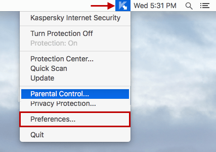 Screenshot: open Preferences in Kaspersky Internet Security 16 for Mac from the OS X menu bar 