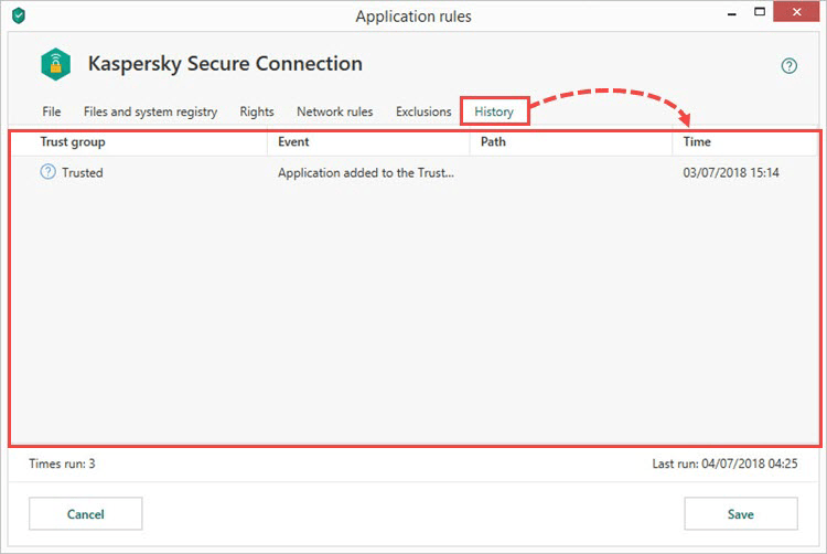 Viewing application history in Kaspersky Internet Security 19 