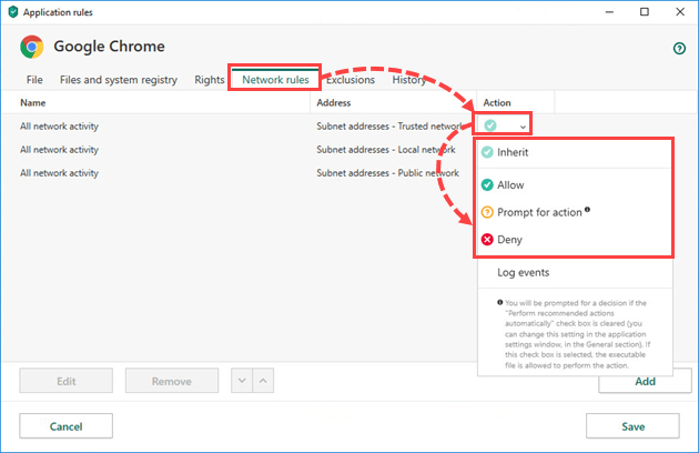 Configuring rules on the Network rules tab in Kaspersky Total Security 20