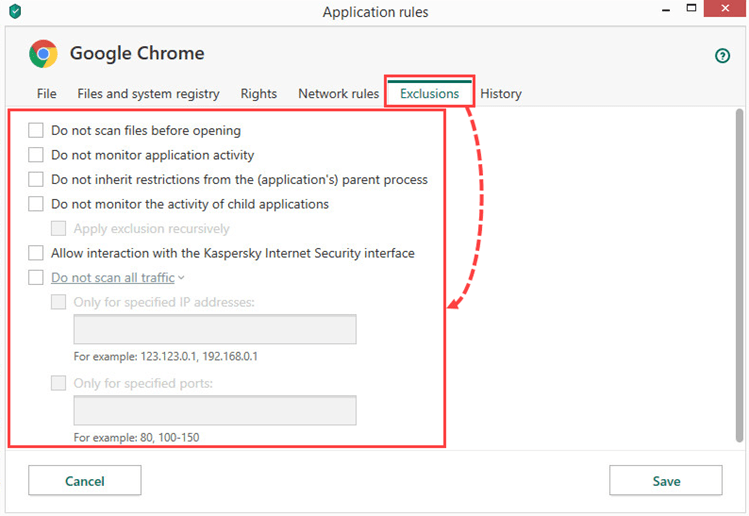 Configuring rules on the Exclusions tab in Kaspersky Internet Security 20