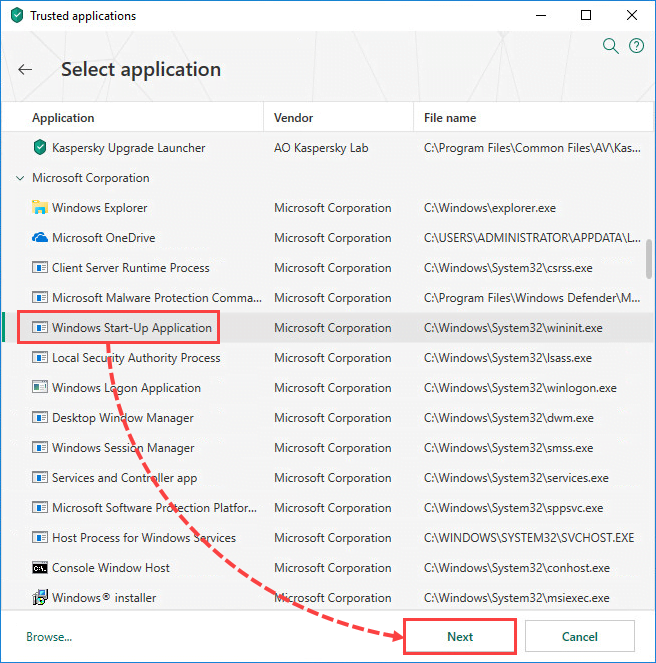 Selecting an application in Kaspersky Security Cloud 19