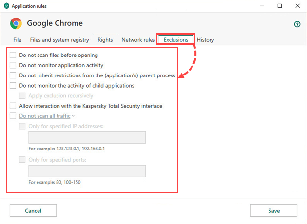 Configuring rules on the Exclusions tab in Kaspersky Total Security 20