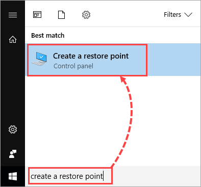 Search in Windows 10 with the Create a restore point item found.