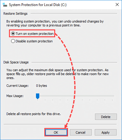The System protection window with the option turned on.