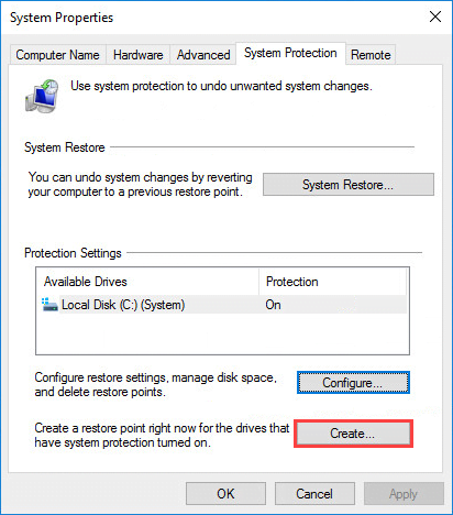 System Properties window with the Create button highlighted.