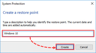 The System Protection window with the restore point description.