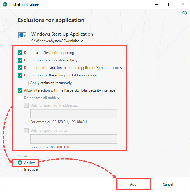 Selecting exclusion settings for an application in Kaspersky Total Security 19