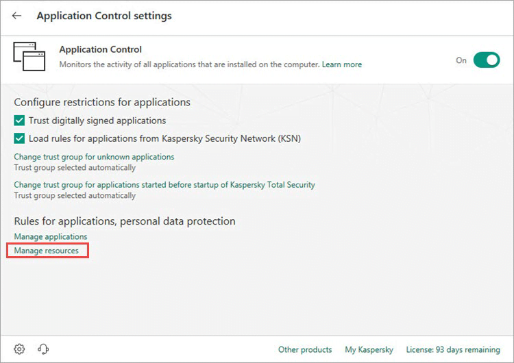 Opening the resources settings window of Kaspersky Internet Security 19