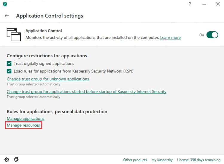 Opening the resource management window of Kaspersky Internet Security 20