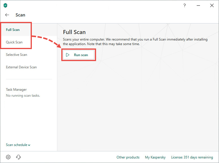 Starting a full or quick scan in Kaspersky Total Security 19