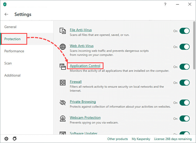 Opening the Application Control window in Kaspersky Internet Security 20