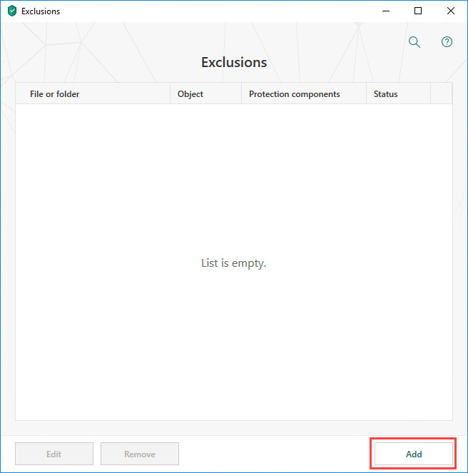 Adding a new exclusion window in Kaspersky Total Security 19