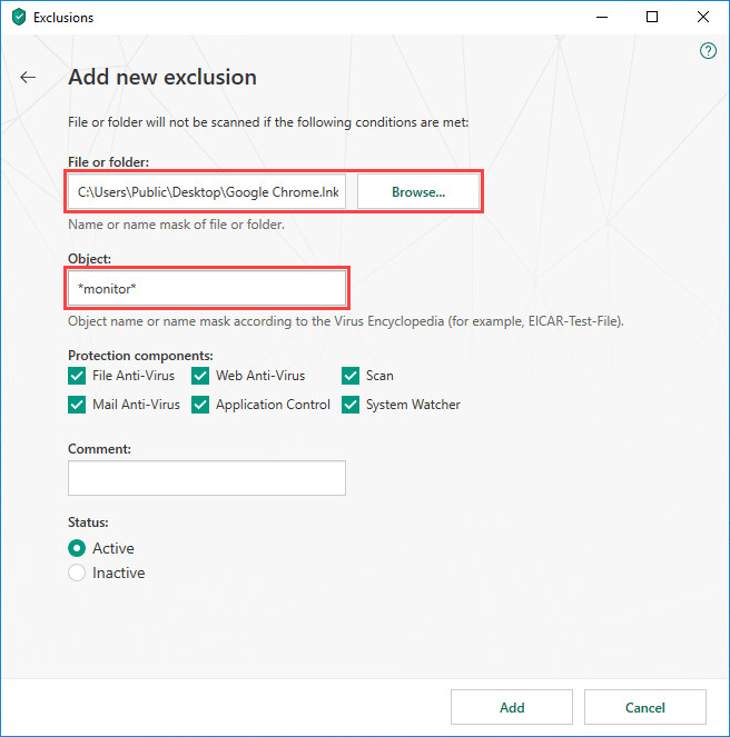 Excluding a file, folder or object from scanning in Kaspersky Total Security 19