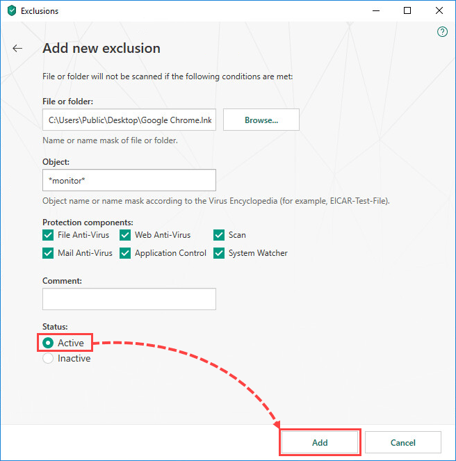 Adding a new exclusion in Kaspersky Total Security 19