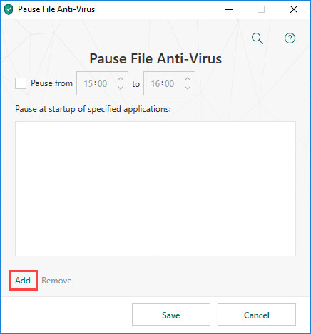 Selecting an application for pausing File Anti-Virus in Kaspersky Total Security 19