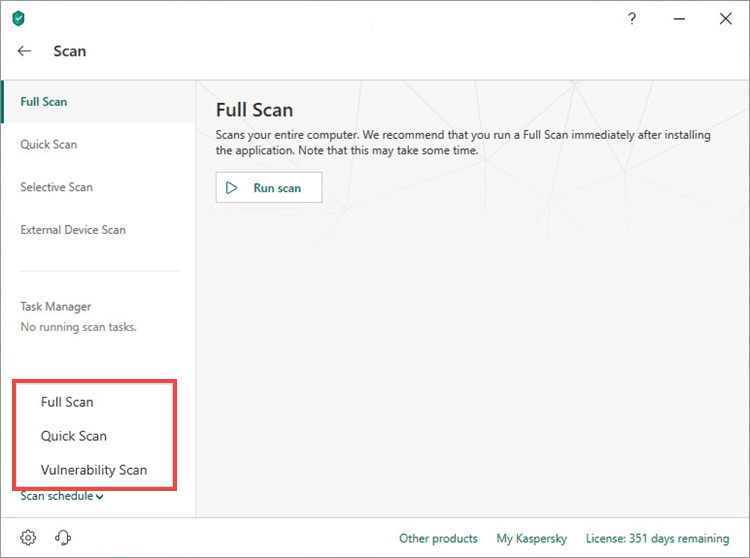 Selecting a scan type for setting a scan schedule in Kaspersky Internet Security 19