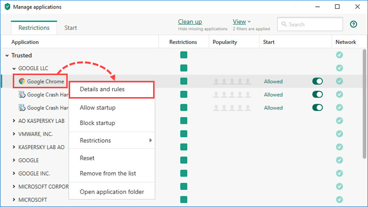 Opening the settings for application rules in Kaspersky Security Cloud 20