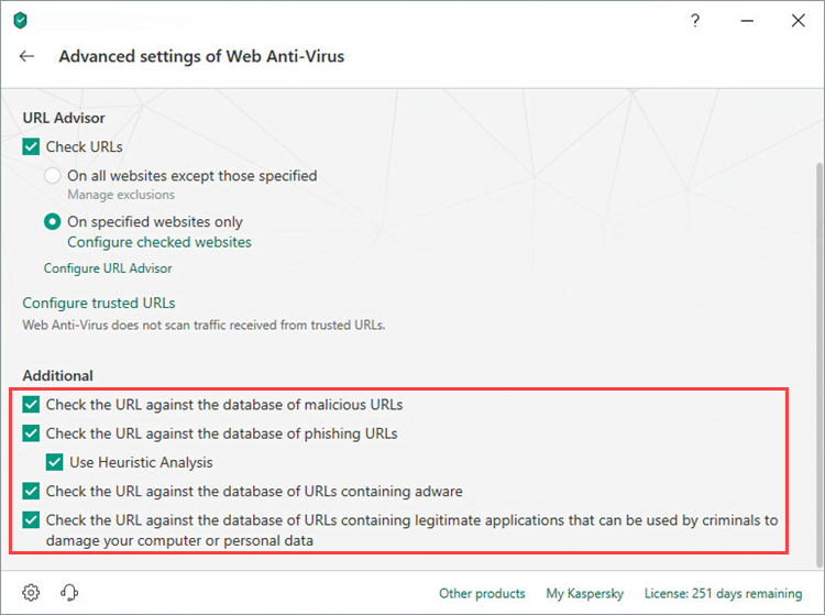 Implementing additional URL settings in Kaspersky Total Security 19