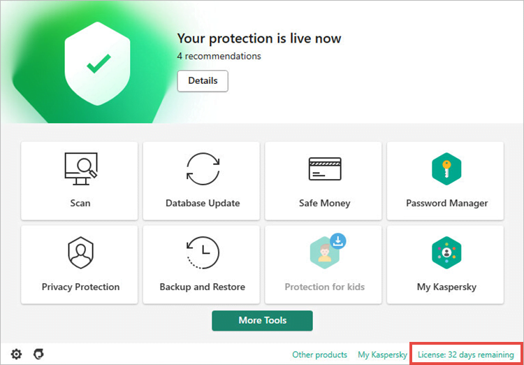 Opening the Licensing window in a Kaspersky Lab application