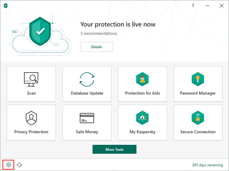 Opening the Settings window of Kaspersky Security Cloud 19