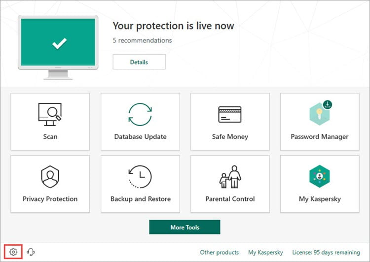 Opening the Settings window of Kaspersky Total Security 19