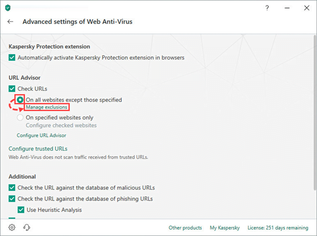 Configuring websites that will not be checked in Kaspersky Security Cloud 19