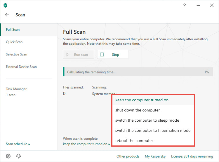Selecting an action upon completion of a full scan task in Kaspersky Internet Security 19