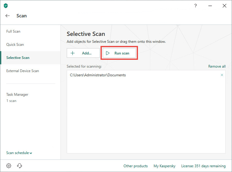 Running a selective scan in Kaspersky Internet Security 19