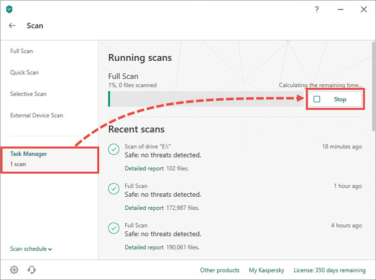 Stopping a scan in Kaspersky Internet Security 19