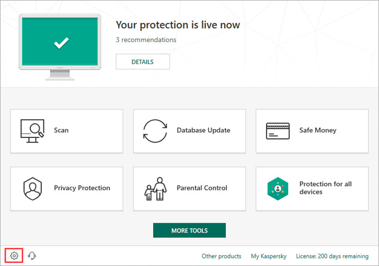 Opening the settings of Kaspersky Internet Security 19