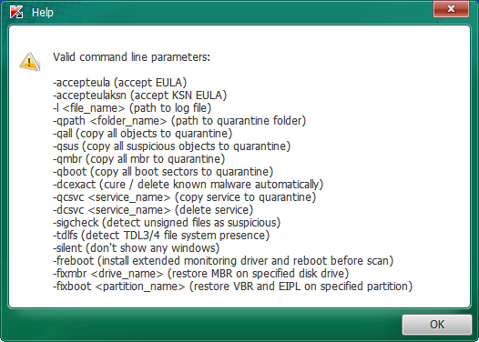 List of command line parameters for TDSSKiller