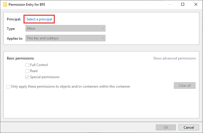 The Permission entry for BFE window with the Select a principal link