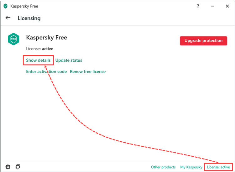 The licensing window in Kaspersky Free