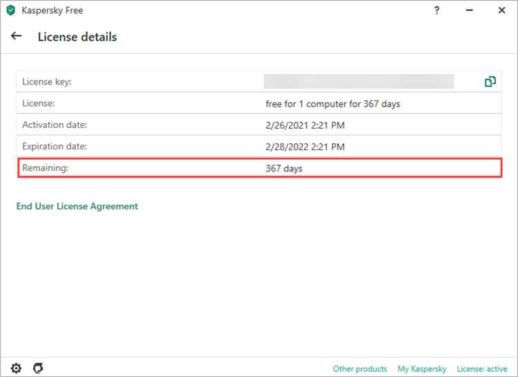 License details in Kaspersky Free