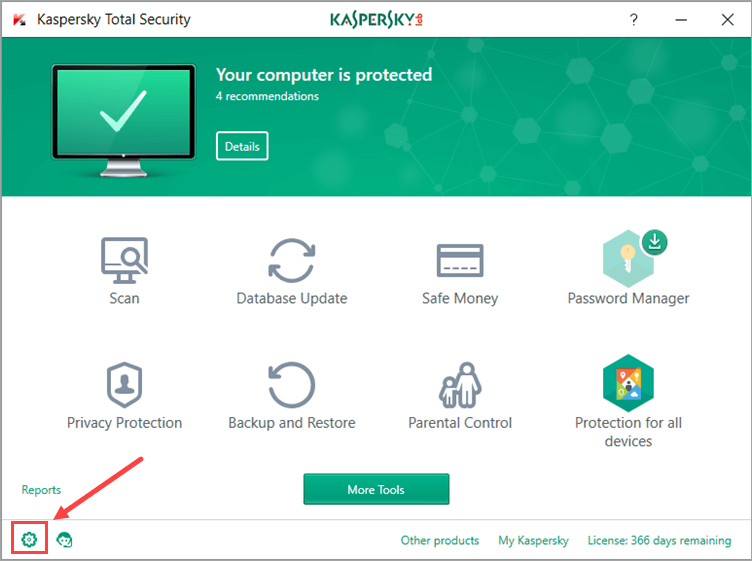 Image: the main window of Kaspersky Total Security 2018