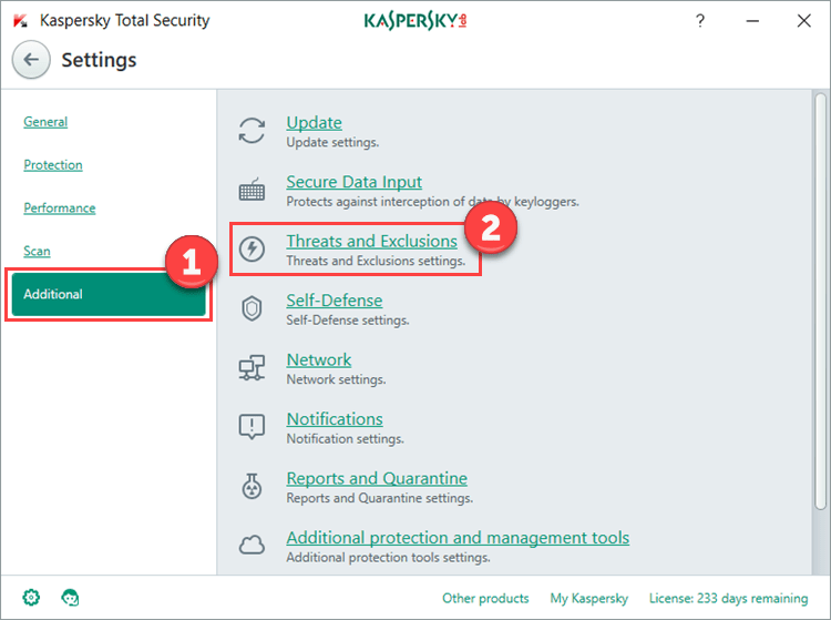 Image: the Settings window of Kaspersky Total Security 2018