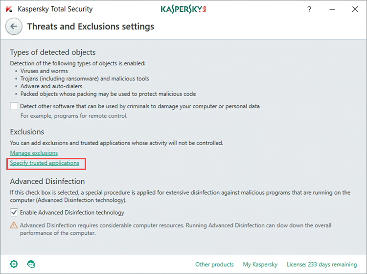 Image: Threats and Exclusions settings window in Kaspersky Total Security 2018