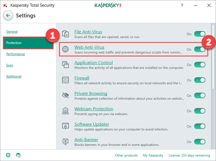 Image: the Settings window of Kaspersky Total Security 2018